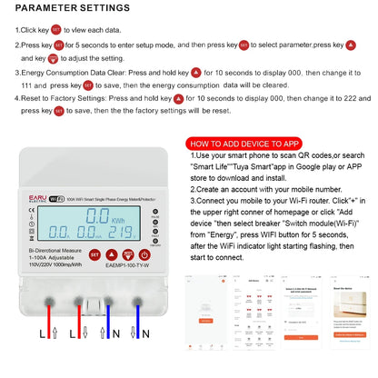 100A Tuya WiFi Smart Single Phase Energy Meter Over Under Voltage Protector Electricity Bi-Directional Measure kWh Power Meter