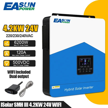 EASUN 4200W 24V Hybrid Solar Inverter - Pure Sine Wave, MPPT 120A Solar Controller, AC 220-240V, Built-in WiFi