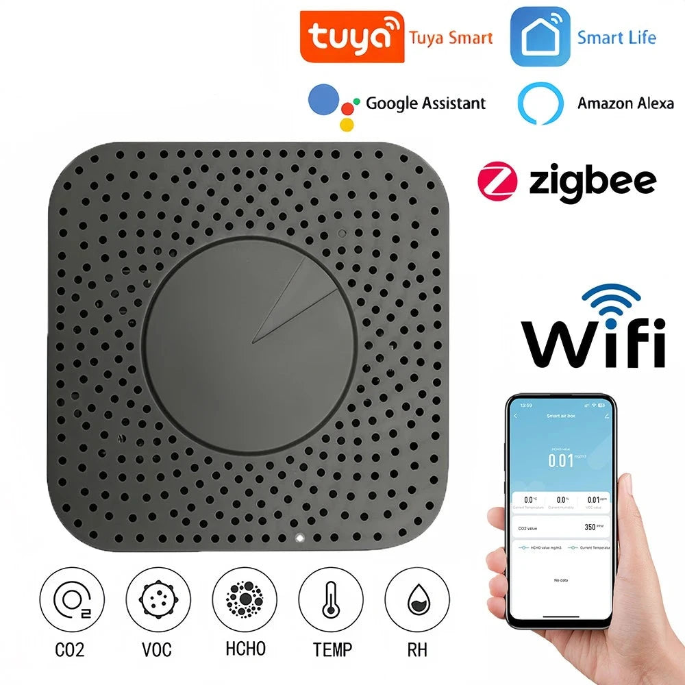 Tuya Zigbee WiFi Smart Air Box Sensor Formaldehyde VOC CO2 Temperature Humidity 6In1 Air Quality Inspection DB Alarm With Alexa