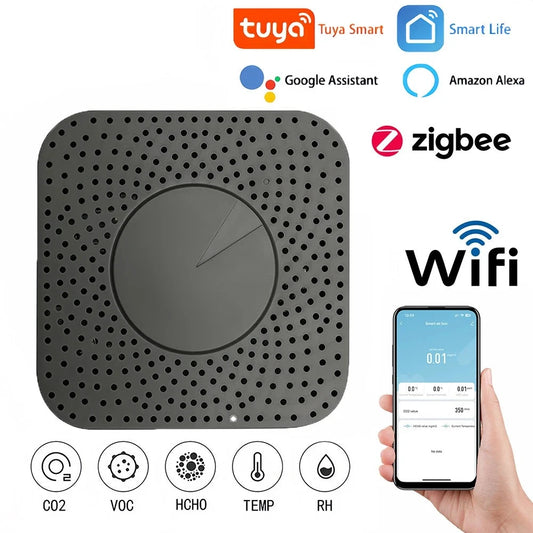 Tuya Zigbee WiFi Smart Air Box Sensor Formaldehyde VOC CO2 Temperature Humidity 6In1 Air Quality Inspection DB Alarm With Alexa