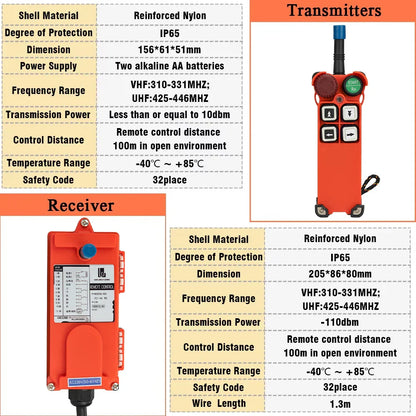 12V 24V 110V 220V 380V Channel Industrial Wireless Radio Remote Controller Switch Crane Hoist 1 Receiver+ 1 Transmitter F21-4S
