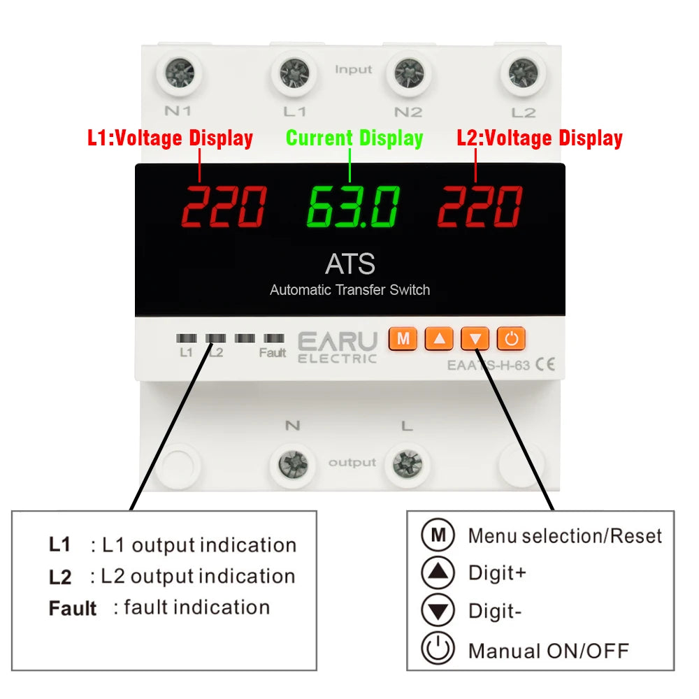 63A 100A 220V ATS Adjustable Over Under Voltage Current Protector Dual Power Conversion Automatic Transfer Switch Monitor Relay