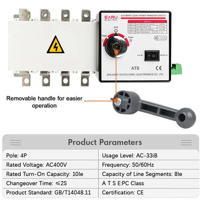 4P 400A AC400V ATS PC Automatic Transfer Switch Electrical Selector Switche  Auto or Manual 2 Input 1 Output Uninterrupted Power