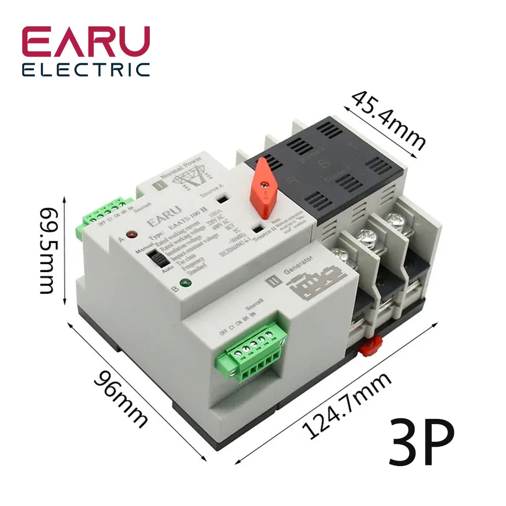 2/3/4P 100A 110V/220V Mini ATS Automatic Transfer Switch Electrical Selector Switches Dual Power Switch PV Solar Energy Din Rail