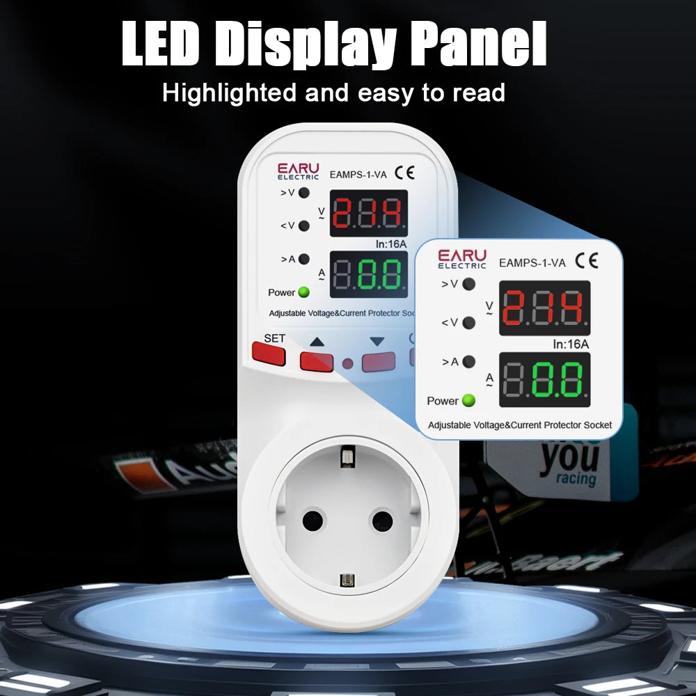 Automatic Voltage Surge Current Limiter Protector EU Socket Plug Adjustable 16A AC 230V 50/60Hz Power Energy Monitor kWh Meter