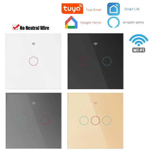 EU Tuya WiFi Smart Light Switch with Glass Panel Touch Sensor Smart Wall Switch with No Neutral Wire Remote Control Google Home