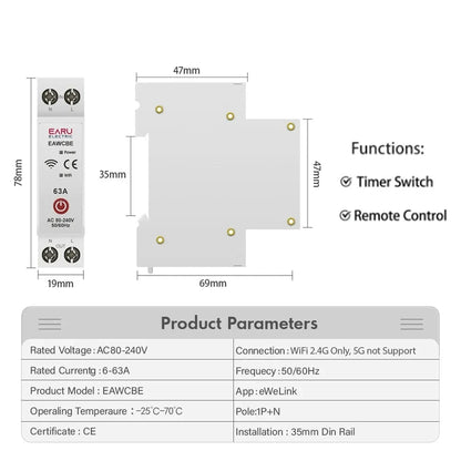 eWeLink WiFi Smart Circuit Breaker MCB 1P 63A Timer Power Energy kWh Voltage Current Meter Protector Voice Remote Control Switch