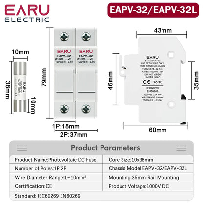 One Set 1P 2P DC Fuses Holder Solar 10*38mm PV 1000V 6A 15A 32A Base for Solar Photovoltaic System Short Circuit Protector gpV
