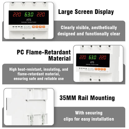 63A 100A 220V ATS Adjustable Over Under Voltage Current Protector Dual Power Conversion Automatic Transfer Switch Monitor Relay