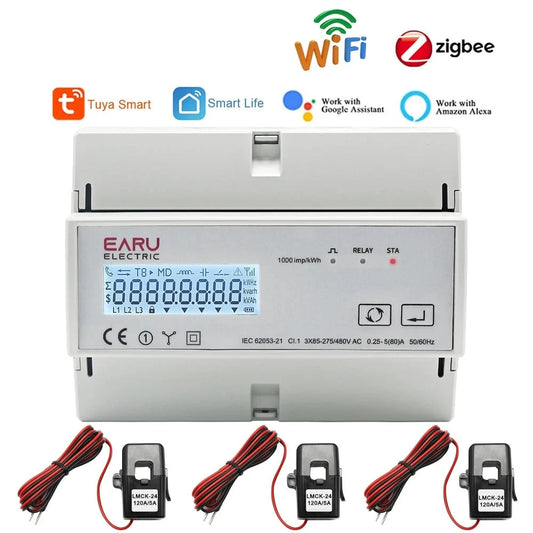 Tuya WiFi ZigBee Three Phase Bidirectional Energy Meter KWh Monitor 3*110/190V or 230/400VAC With 3pcs Split Type Transformer CT