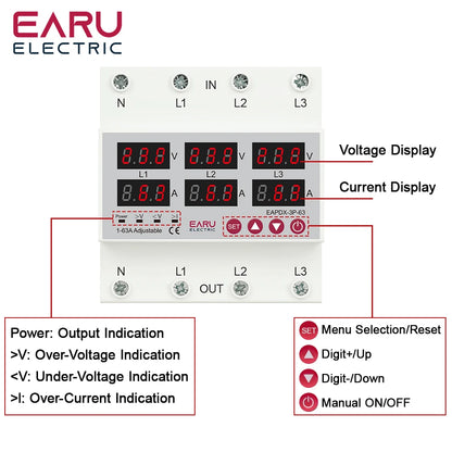 Three Phase Voltage Current Adjustable Over Under Voltage Current Limit Protection Relay Protector 3*220V 380V 63A 100A Din Rail