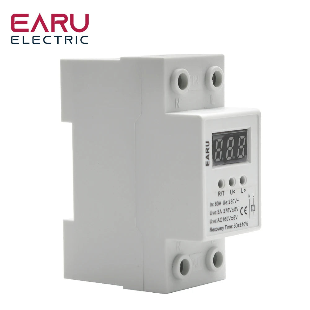 40A 63A Din Rail 230V AC 50Hz Automatic Reset Over and Under Voltage Protective Device Protector Relay With Voltmeter Home Usage