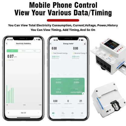 Three Phase Tuya WiFi Smart Bidirectional Energy Power kWh Meter Leakage Over Under Voltage Protector Relay Switch Current Limit