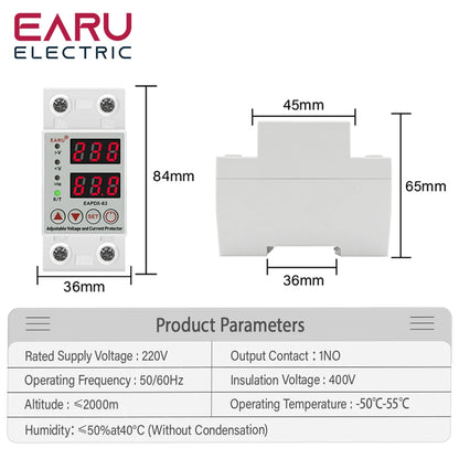 40A 63A 230V Din Rail Adjustable Over Voltage And Under Voltage Protective Device Protector Relay Over Current Protection Limit