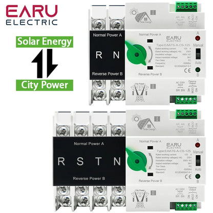 Din Rail ATS for PV and Inverter Dual Power Automatic Transfer Selector Switches Uninterrupted Power 2P 4P AC 110V AC 230V 125A