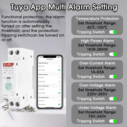 Tuya eWeLink WiFi Smart Circuit Breaker MCB 1P+N 63A Time Relay Switch Energy Meter kWh Voltage Current Protector Remote Control