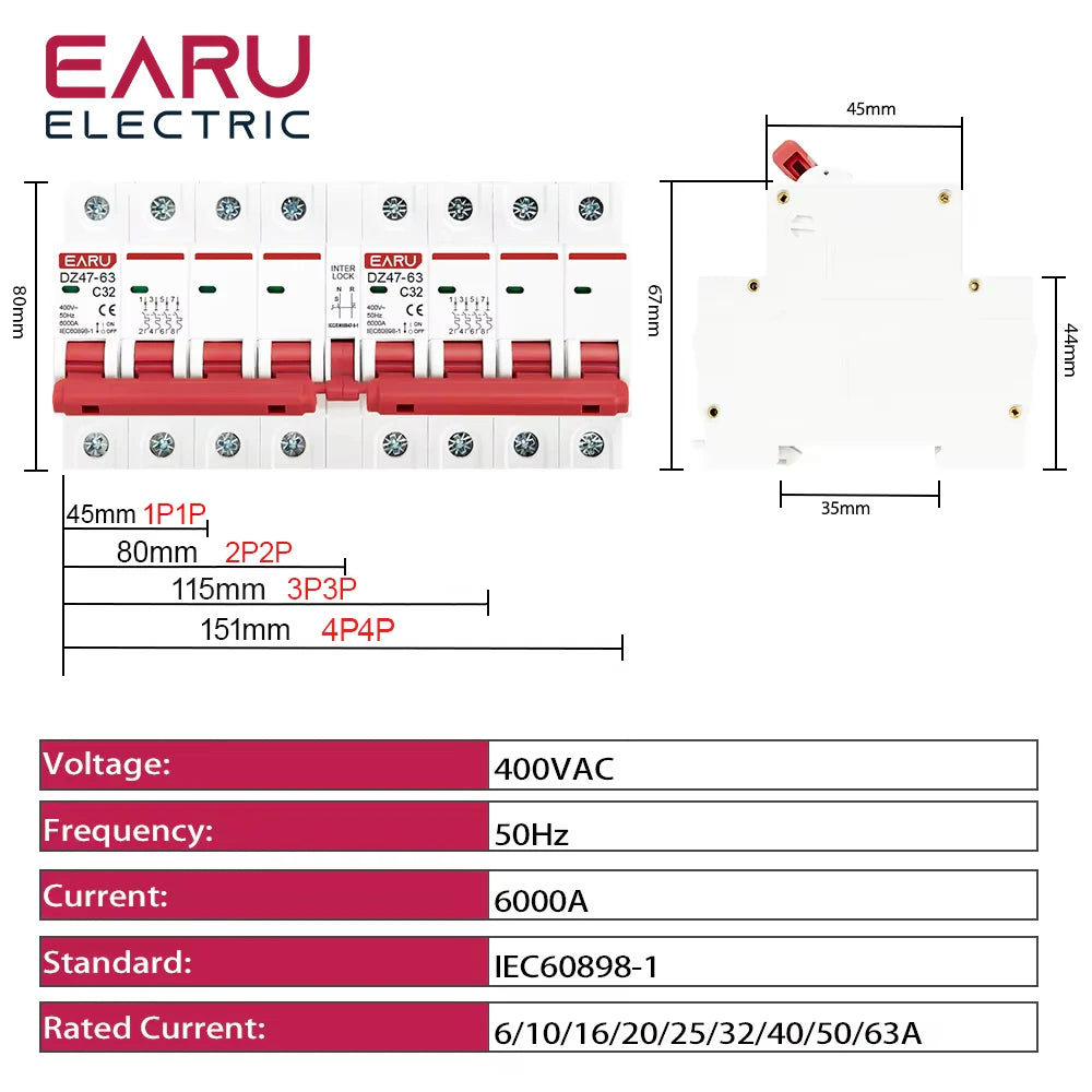 1P+1P 2P+2P 3P+3P 4P+4P MTS AC Dual Power Manual Transfer Interlock Circuit Breaker Din Rail Isolating Discounnecting Switch MCB