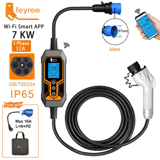 feyree GB/T Cord 32A 7KW 1Phase Smart APP WiFi Control Bluetooth Version by 54 Energy - Renewable Energy Store