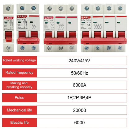 Mini Circuit Breaker MCB Short Overload Circuit Protector 35mm Din Rail Mount Breaking Capacity 6KA