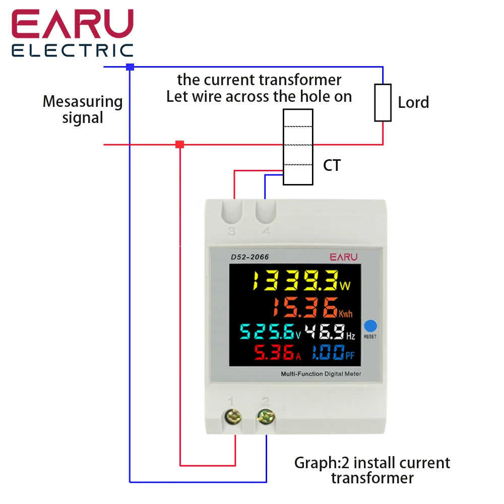 6IN1 Display Smart Meter Din Rail AC Monitor Voltage Current Power Factor Active KWH Electric Energy Frequency Meter D52-2066