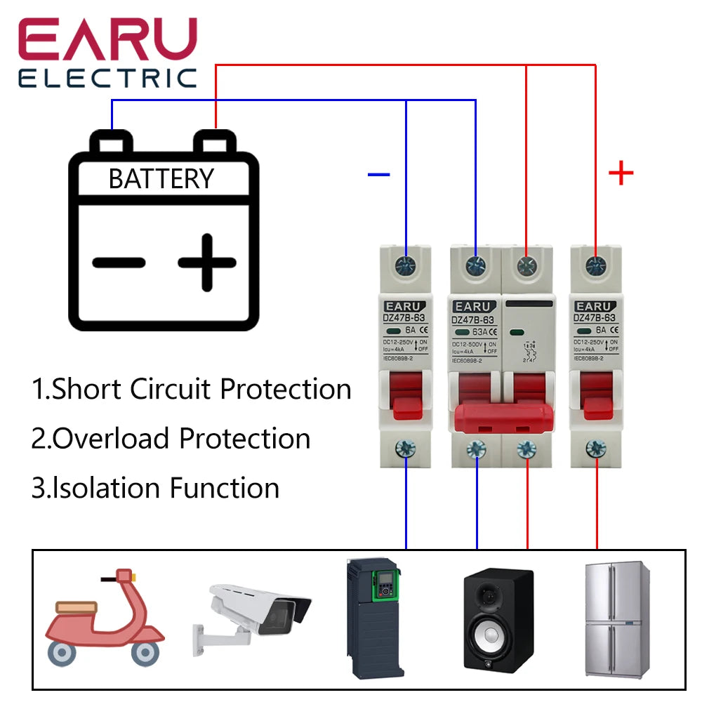 DC MCB 12V 24V 48V Circuit Breaker Battery Car Protector DZ47 DC Positive And Negative Pole Rotection  Protect Switch Isolator