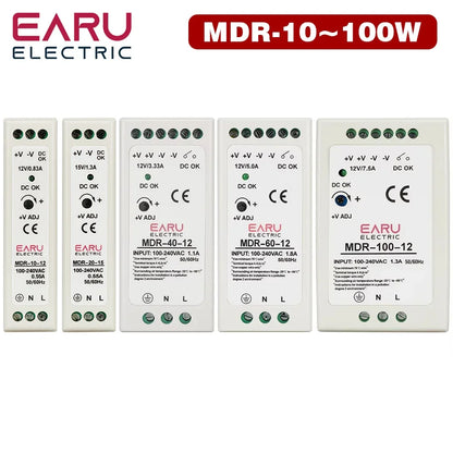 Industrial Mini AC DC Din Rail Power Supply Switch MDR-10W 20W 40W 60W 100W Single Output Switching 12V 24V 48V 100V-240V Source