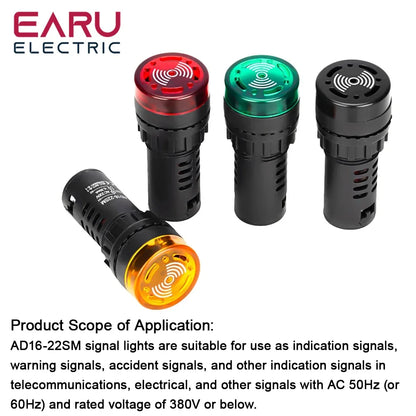 AD16-22SM 22mm Panel Diameter AC DC 12V 24V 110V 220V Flash Signal Light Red LED Active Buzzer Beep Alarm Indicator Green Yellow