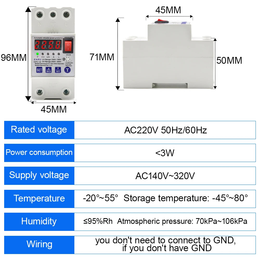 63A Automatic Reconnect Circuit Breaker Over And Under Voltage Over Current Leakage Protection Surge Protect Protector Relay