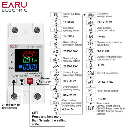 Din Rail Dual Display Adjustable Over Voltage Current and Under Voltage Protective Device Protector Relay 63A 220V 230V KWH