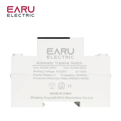 63A 100A 220V ATS Adjustable Over Under Voltage Current Protector Dual Power Conversion Automatic Transfer Switch Monitor Relay