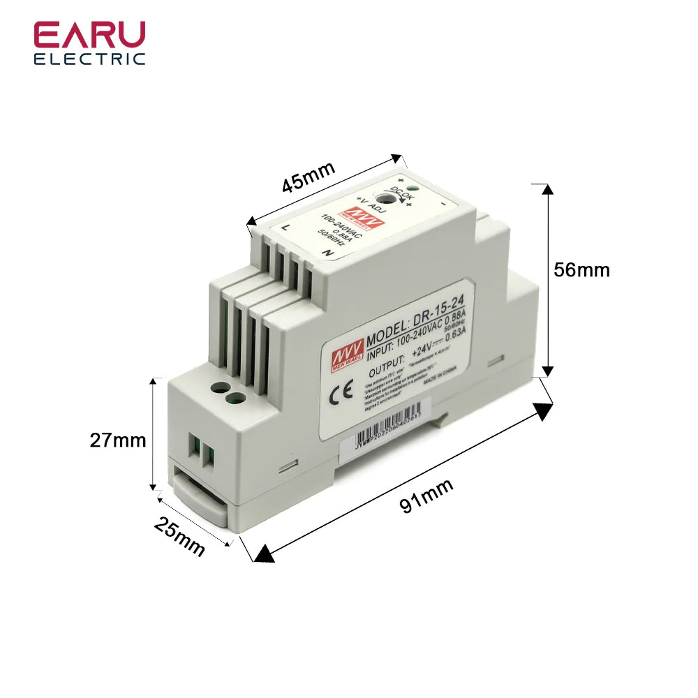 DR-15 15W Input 100-240V AC Output DC 12V 24V 1.25A 0.63A Industrial DIN Rail Switching Power Supply DC power supply 15WDR/MDR