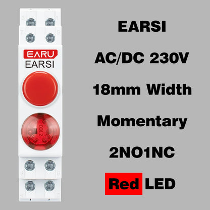 18MM Din Rail Mount LED Signal Lamp Button Switch Series AC/DC 220V Indicating Indication Pilot Lights Green Momentary Latching