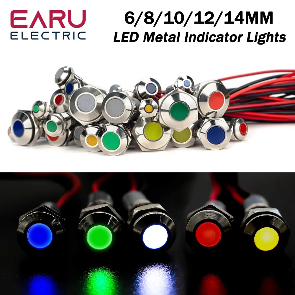 6mm 8mm 10mm 12mm 14mm Warning LED Metal Indicator Light Pilot Wires Switch Waterproof IP65 Signal Lamp 5/12/24/220V Red Green