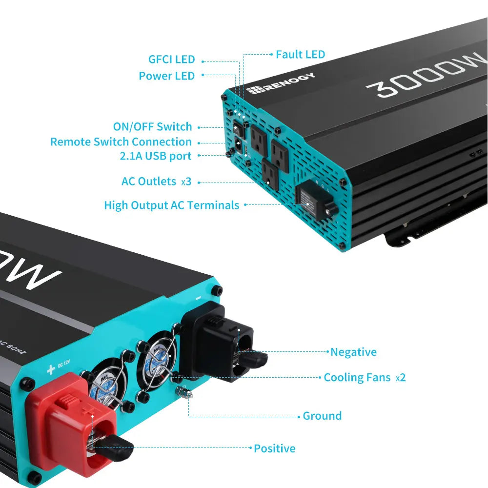 3000W Pure Sine Wave Inverter 12V DC to 240V AC Converter, Off-Grid Solar Power