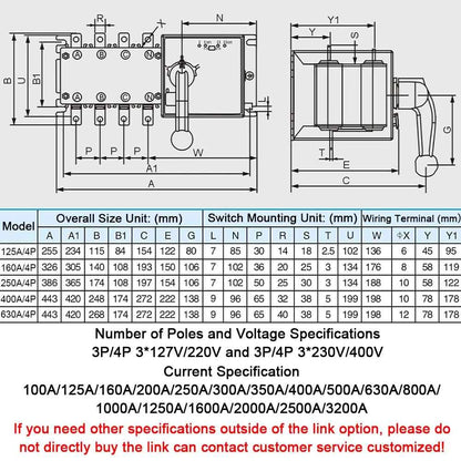 4P 630A AC400V ATS PC Automatic Transfer Switch Electrical Selector Switche  Auto or Manual 2 Input 1 Output Uninterrupted Power