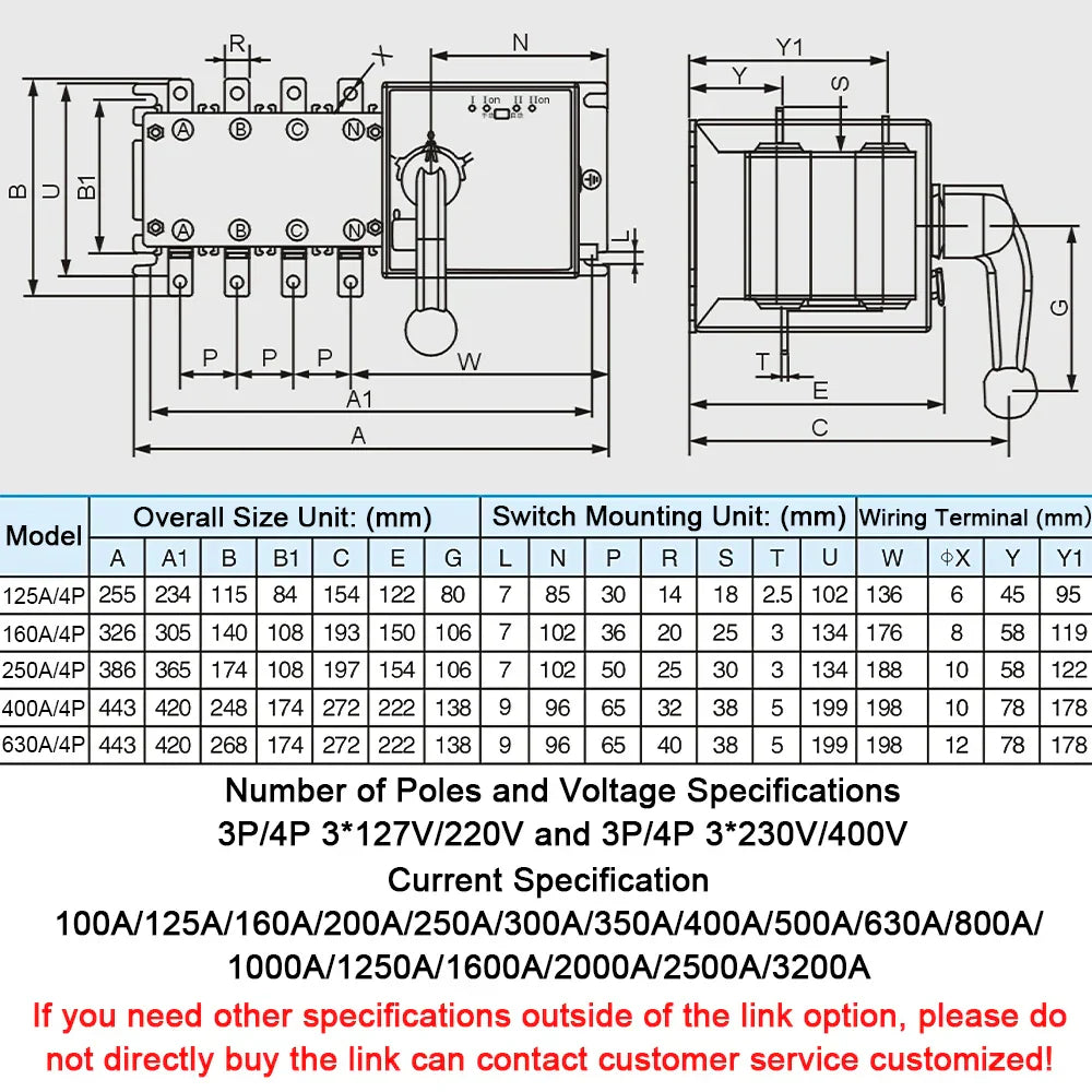 4P 160A AC400V ATS PC Automatic Transfer Switch Electrical Selector Switche  Auto or Manual 2 Input 1 Output Uninterrupted Power
