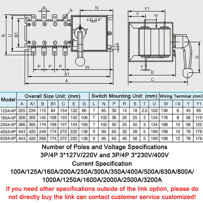 4P 160A AC400V ATS PC Automatic Transfer Switch Electrical Selector Switche  Auto or Manual 2 Input 1 Output Uninterrupted Power