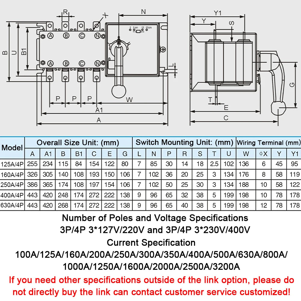 4P 630A AC400V ATS PC Automatic Transfer Switch Electrical Selector Switche  Auto or Manual 2 Input 1 Output Uninterrupted Power