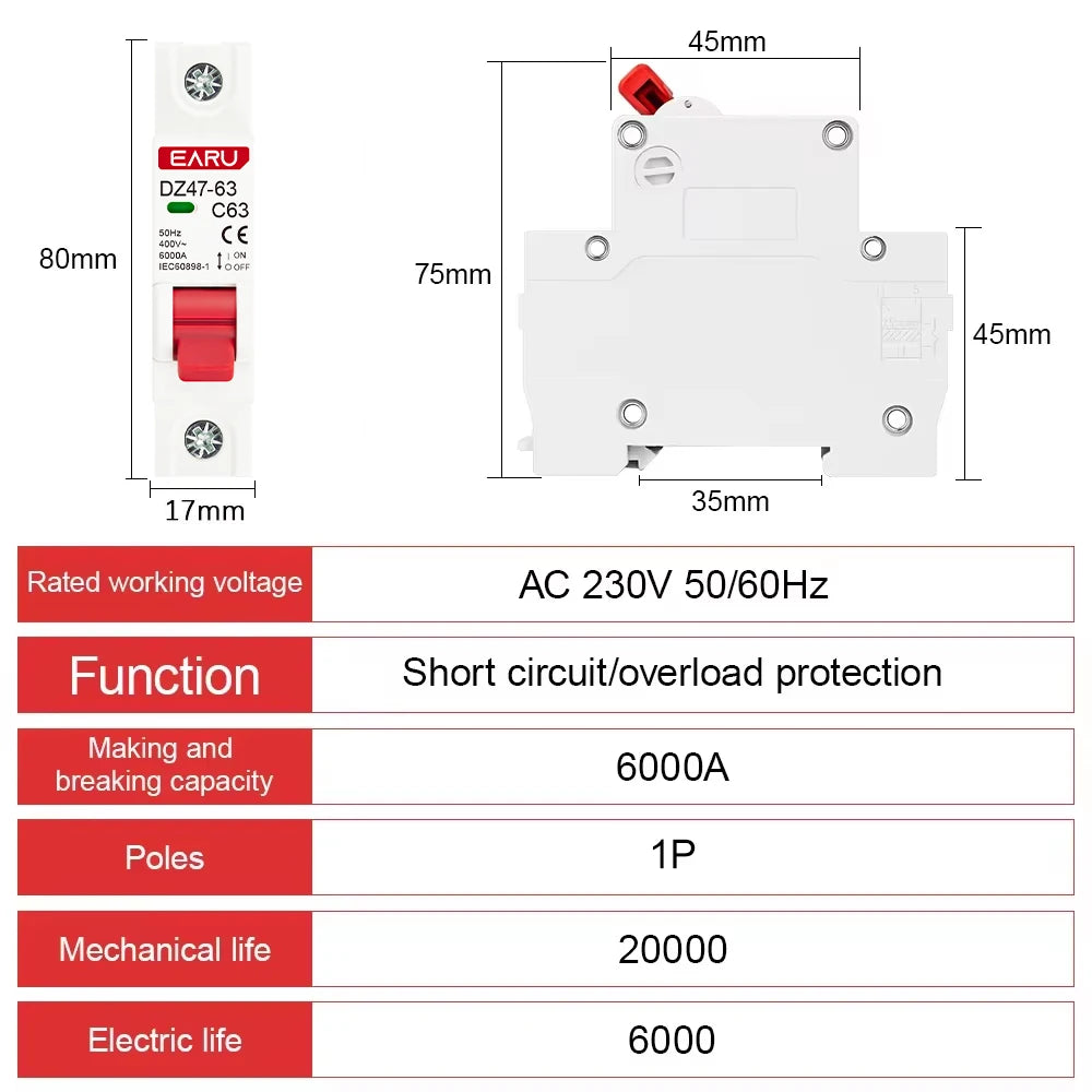 1P AC 230/400V MCB DZ47 Type C Circuit Breaker Overload Protection Short Circuit Protection Small Household Main Switch Din Rail