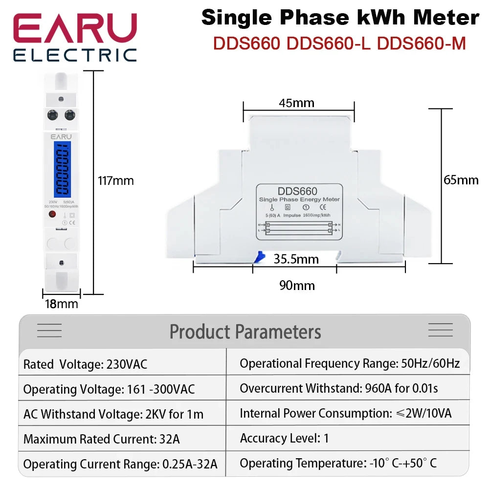 18mm Single Phase 1P Backlight Digital Wattmeter Power Consumption Analog Energy Meter kWh AC 230V 50Hz LCD Electric Din Rail