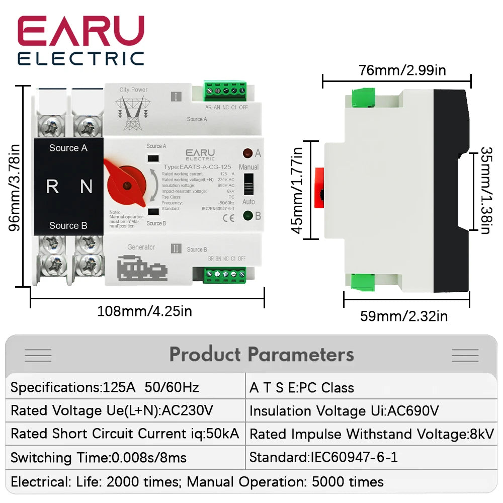 Single Phase Din Rail 2P 125A AC 230V Mini ATS Dual Power Automatic Transfer Electrical Selector Switches Uninterrupted Power