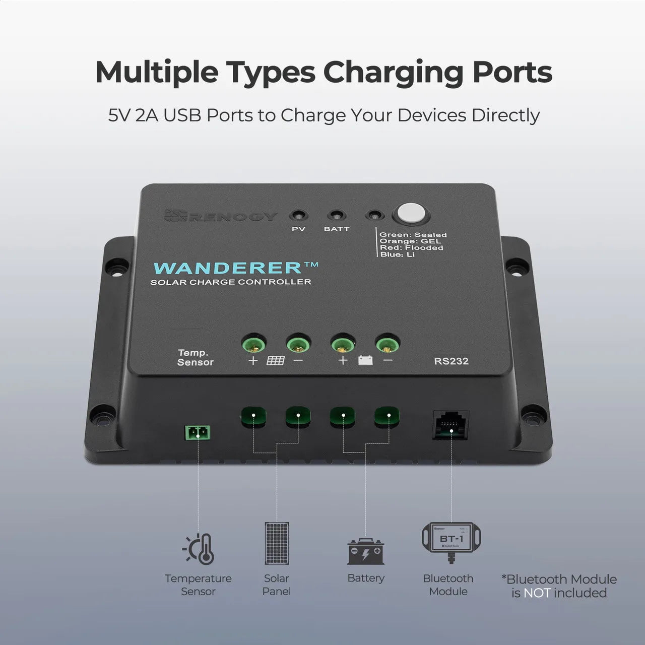 Solar Charge Controller Li 30A 12V PWM Negative Ground w/ Temp Sensor