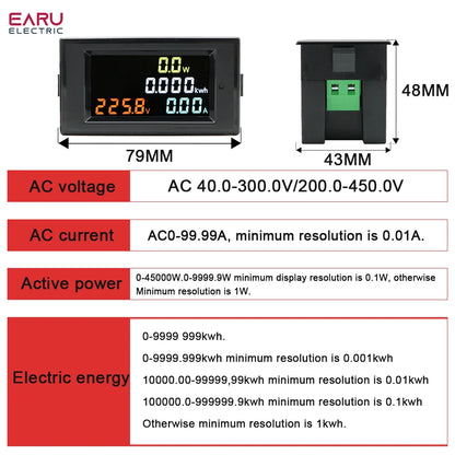 D69-2049 Digital Multimeter 100A AC 40-300V Electric Power Energy Voltmeter Ammeter Analyser Watt Volt kWh 220V LCD