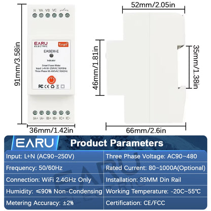 Tuya Smart WiFi Three Phase 80A AC90-480V Bi-Directional Measurement Power Energy kWh Meter Monitor 3Pcs CT Clamps Switch Relay