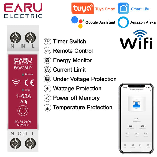 Tuya MCB WiFi Smart Circuit Breaker Timer 1P+N 63A Power Energy kWh Voltage Current Meter Protector Voice Remote Control Switch