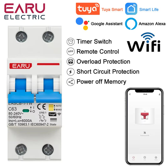 2P Tuya WiFi Smart Circuit Breaker MCB Timer Relay Switch Remote Control AC 63A 16A Power-off Memory Alexa Google Home Assistant