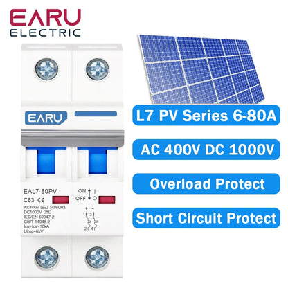 2P DC 1000V AC 400V MCB Solar PV Mini Circuit Breaker 6A-80A Overload Protection Short Circuit Protection  Switch Photovoltaic