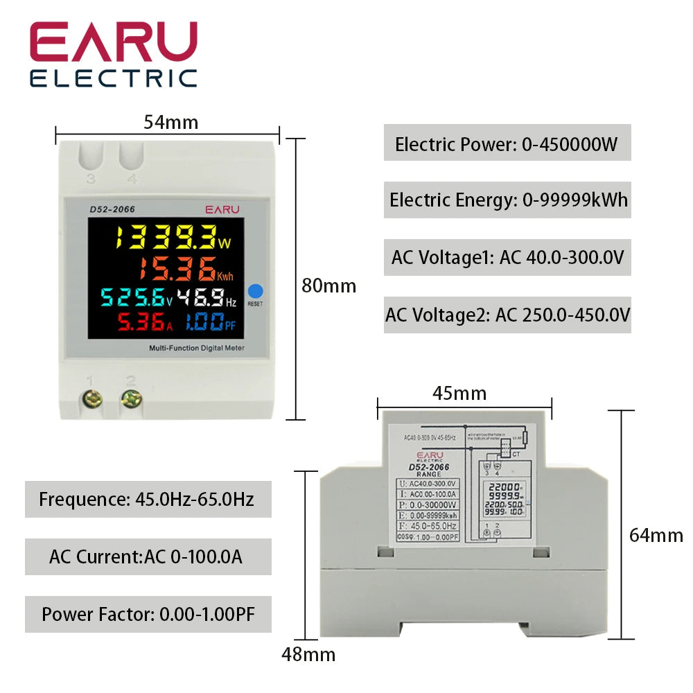 6IN1 Display Smart Meter Din Rail AC Monitor Voltage Current Power Factor Active KWH Electric Energy Frequency Meter D52-2066