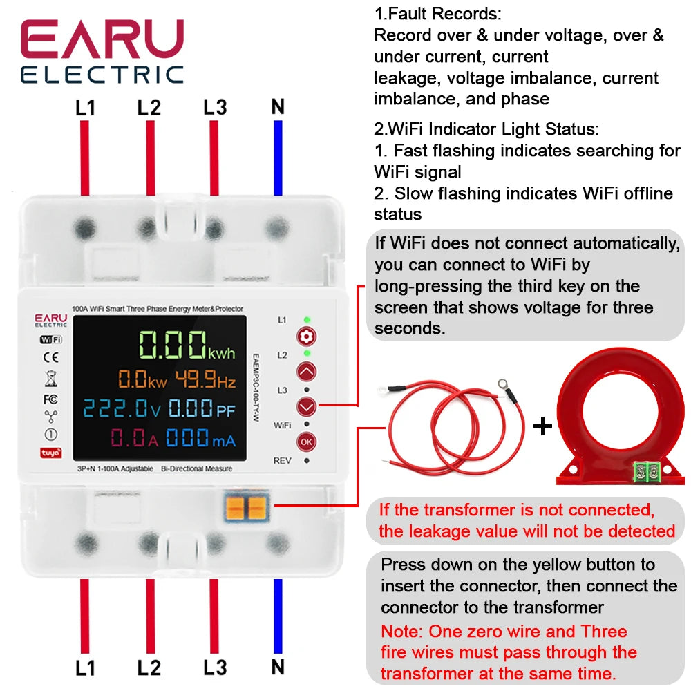 Three Phase Tuya WiFi Smart Bidirectional Energy Power kWh Meter Leakage Over Under Voltage Protector Relay Switch Current Limit