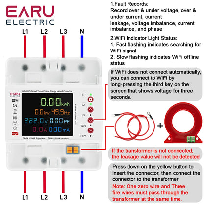 Three Phase Tuya WiFi Smart Bidirectional Energy Power kWh Meter Leakage Over Under Voltage Protector Relay Switch Current Limit
